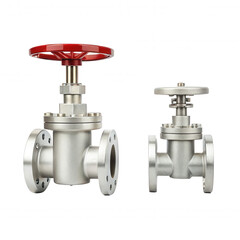 Aufkleber - Two metal valves with red handles, designed for controlling fluid flow in pipes, showcasing different sizes and connections.