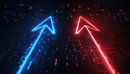 Poster - Glowing Neon Red and Blue Arrows on a Dark Circuit Board Background