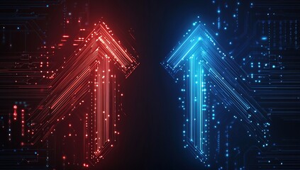 Poster - Glowing Red and Blue Digital Arrows on Dark Background