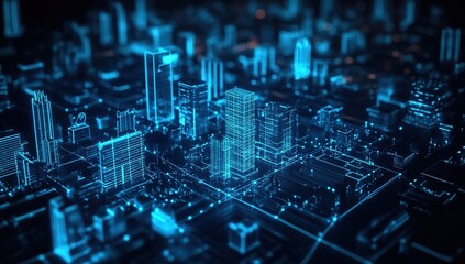 Poster - Glowing Digital Cityscape: Futuristic Urban Network in Blue