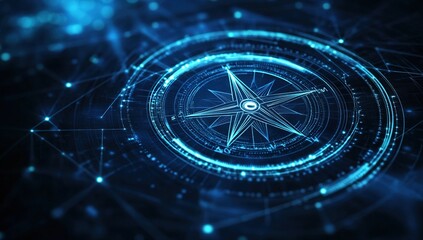 Poster - Glowing Blue Digital Compass on Abstract Network Background