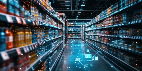 Poster - Futuristic Supermarket Aisle with Glowing Digital Data Overlay
