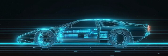 Poster - Futuristic Blue Glowing Car in Motion on Dark Background