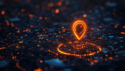 Poster - Glowing Orange Location Marker on Dark Cityscape Map