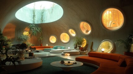 Wall Mural - Futuristic dome house interior with circular windows, comfortable seating, and tropical plants.