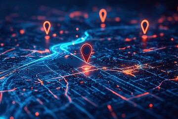 Poster - Digital City Map with Glowing Navigation Points