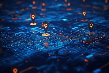 Poster - Digital City Map with Glowing Location Markers