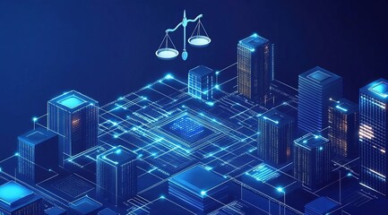 Poster - Glowing Blue Isometric Cityscape with Circuit Board and Scales of Justice