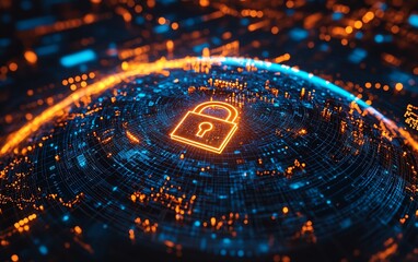 Poster - Digital earth globe hologram with glowing padlock security, futuristic cybersecurity technology, data encryption, and global network protection, neon blue and techinspired colors