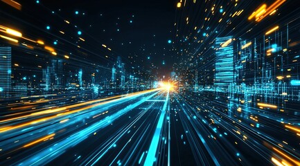 Poster - Abstract Digital Cityscape with Glowing Blue and Orange Lines