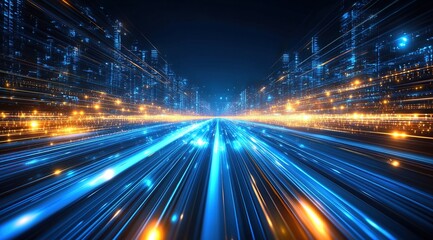 Poster - Abstract Cityscape at Night with Glowing Blue and Orange Lights