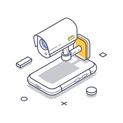 Poster - surveillance camera positioned above a smartphone, emphasizing modern data protection methods. moder