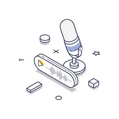 Poster - Detailed isometric line art showcasing elements used in content creation, including a microphone and design tools, representing the digital work environment for creators. Vector illustration