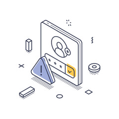 Poster - Isometric line art icon focusing on personal data security. It includes elements depicting user authentication with symbols of caution, emphasizing data protection. Vector illustration