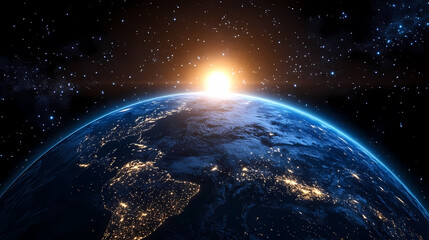 Wall Mural - earth from space with starry lights and warm sunrise