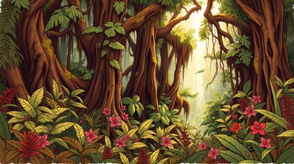 Lush Rainforest Scene with Giant Trees and Vibrant Flowers