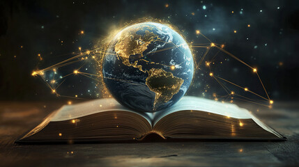 Wall Mural - glowing earth hovers over open book, symbolizing knowledge