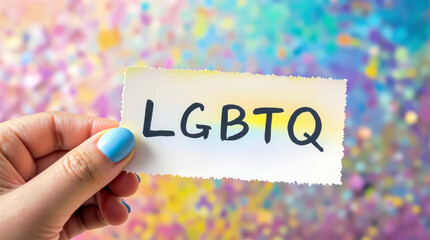 hand holding card displaying letters lgbtq against colorful abstract background focus on diversity