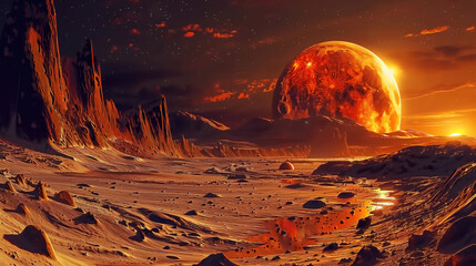 Wall Mural - landscape of an alien planet, beautiful view of red desert on another planet, fictional sci-fi backg