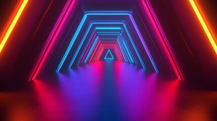 Poster - 4k futuristic neon corridor with colorful laser lines and glowing triangles. seamless loop abstract 