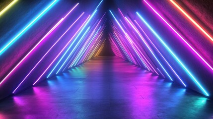 Poster - 4k futuristic neon corridor with colorful laser lines and glowing triangles. seamless loop abstract 