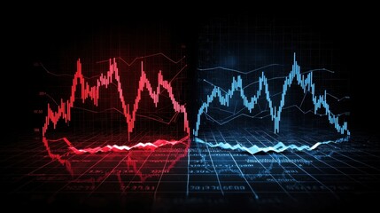 Poster - Dynamic Financial Market Analysis with Red and Blue Stock Charts Representing Volatility Trends