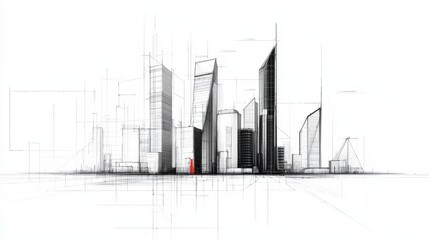 Poster - Modern Architectural Sketch of a Futuristic City Skyline with Grid Lines and Minimalist Design Elements