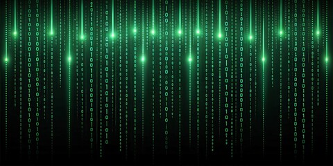 Poster - green glowing lines of code cascade down on a black background, creating an abstract digital rain effect