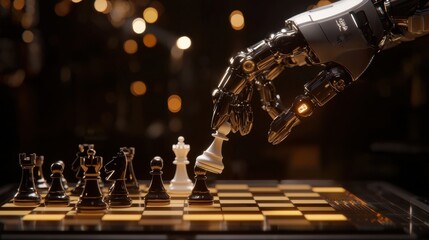 Poster - Robotic Hand Strategically Moves Chess Piece on Illuminated Board in Futuristic Environment