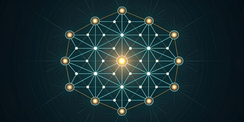 Poster - a symmetrical geometric pattern with interconnected points and lines, radiating light