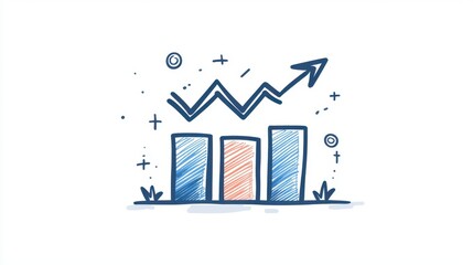 Poster - Hand-drawn illustration of rising graph with colorful bars and upward arrow indicating growth and success in business