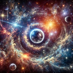 imagery evoking outer space—star fields planets and cosmic phe