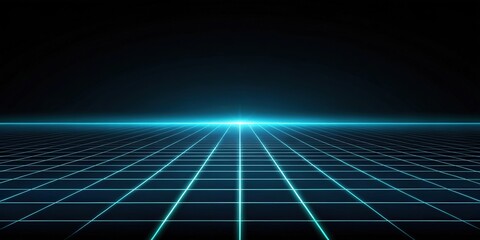 Poster - a futuristic blue grid with a bright light in the distance, the perspective creates a sense of depth and technological advancement