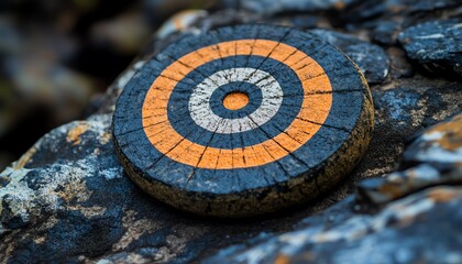 Poster - A target placed on a rock, illustrating the concept of operational goals and business milestones, strong focus, rugged background, business success imagery