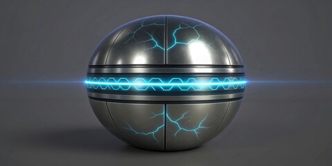 Poster - a futuristic metal sphere with glowing blue energy. The sphere is made of metal plates and features lightning-like cracks, giving it a modern, techy look