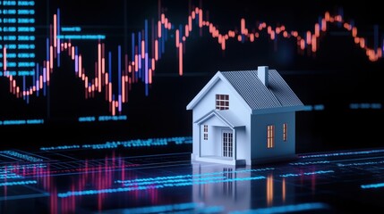 Poster - Miniature House Model on Digital Financial Chart with Graphs and Data Visualization Elements in Background