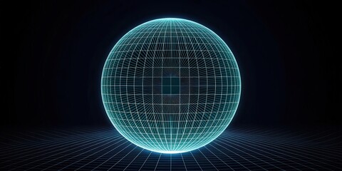 Poster - a futuristic 3D rendered neon globe with a grid pattern set against a dark backdrop, symbolizing technology and innovation