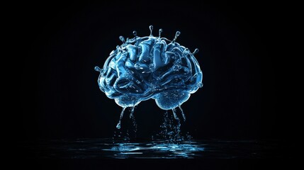 Poster - abstract representation of a human brain made of water, with droplets cascading in a dark background