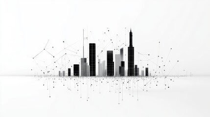 Poster - Abstract Black and White Cityscape with Geometric Lines and Dots Representing Connectivity and Modern Architecture