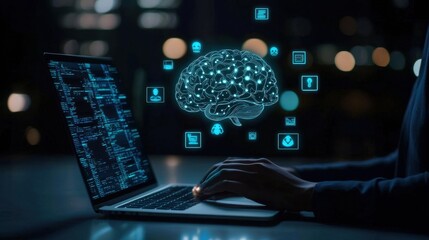 Poster - A person using a laptop with glowing brain graphic representing artificial intelligence and data processing at night