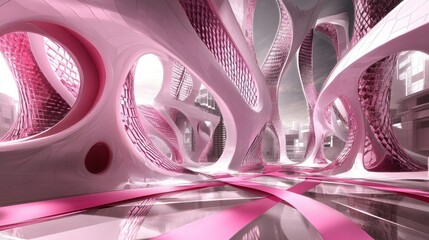 Fototapete - A futuristic, abstract interior design featuring fluid shapes and pink hues.