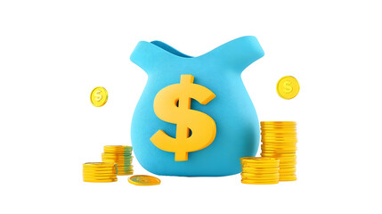 Aufkleber - Cartoon 3D of a large money bag with a glowing dollar symbol surrounded by stacks of shiny gold coins  Isolated on a transparent background in a cutout style depicting wealth finance and prosperity