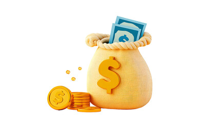Aufkleber - Stylized 3D cartoon rendering of a money sack with a tied rope placed next to sparkling dollar coins representing smart financial planning and financial security  Isolated on a transparent background