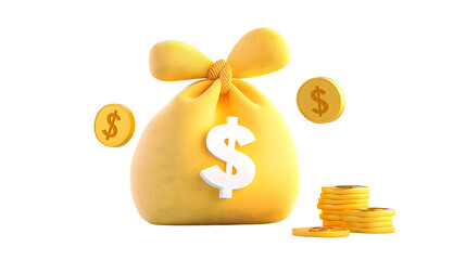 Poster - Stylized 3D cartoon rendering of a money sack with a tied rope placed next to sparkling dollar coins representing smart financial planning and wealth management  Isolated on a transparent background