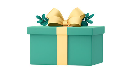 Poster - Vibrant Green Gift Box Wrapped with Shiny Golden Ribbon and Bow on Transparent Background   3D Cartoon of a Beautiful Holiday or Birthday Present Packaging Design