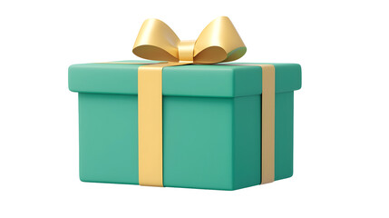 Poster - 3D cartoon of a vibrant green gift box wrapped with a shiny golden ribbon and bow isolated on a transparent background cutout style  The present is a symbol of any special occasion