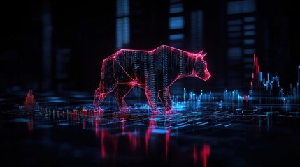 Poster - Digital Bull and Bear Market Illustration with Neon Effects in Financial Background