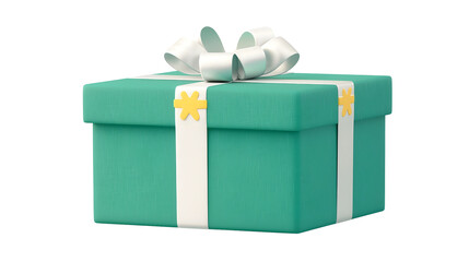 Aufkleber - Minimalist 3D cartoon design of an elegant green gift box with a silky silver ribbon glowing softly under studio lighting and isolated on a transparent background
