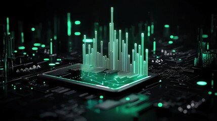 Poster - Abstract Digital Landscape with Glowing Data Visualization on Circuit Board and High-Tech Elements in Green Neon Light
