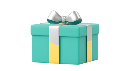 Fototapete - Vibrant Blue 3D Cartoon of a Gift Box Wrapped with a Silky Silver Ribbon and a Neatly Tied Bow Isolated on a Transparent Background in a Cutout Style